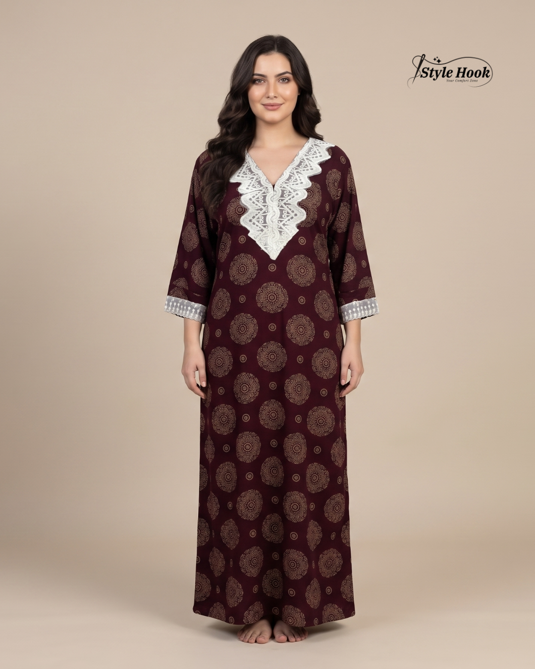Style Hook Premium Cotton Lace Designer Nighty for Women