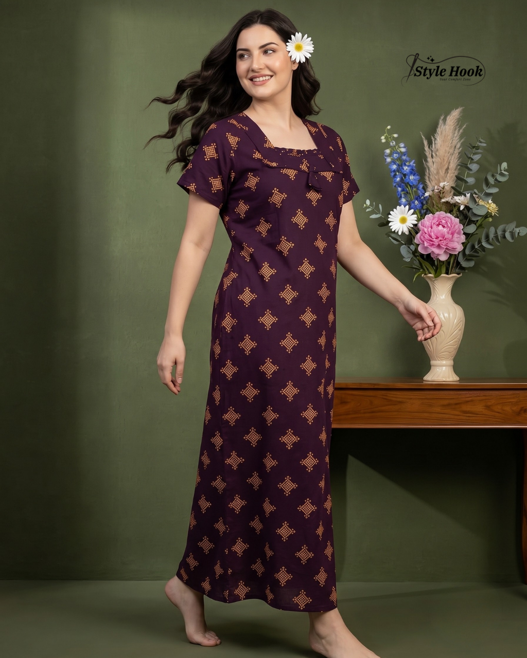 Classic Kerala Cotton Nighty with Contemporary Onam Neck Design in 4 different colors