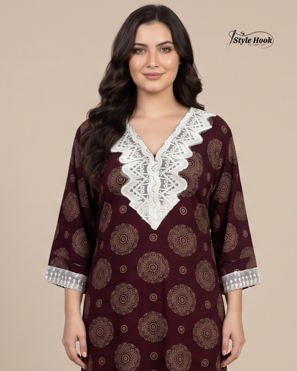 Style Hook Premium Cotton Lace Designer Nighty for Women