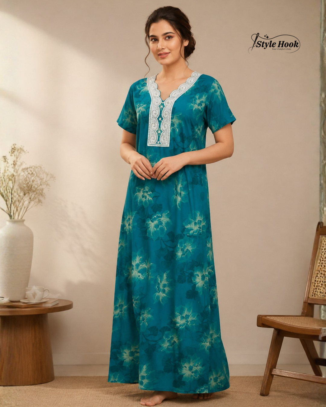 Designer Rayon Lace Nighty – Premium Collection