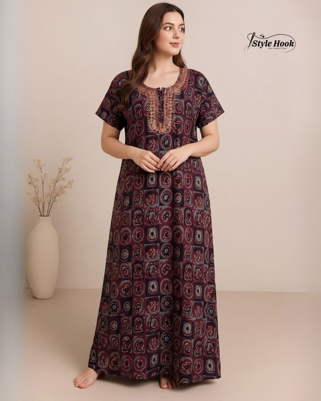 Tribal Circular Print with Embroidery cotton nighty for women in 5 Different Colors