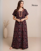Tribal Circular Print with Embroidery cotton nighty for women in 5 Different Colors