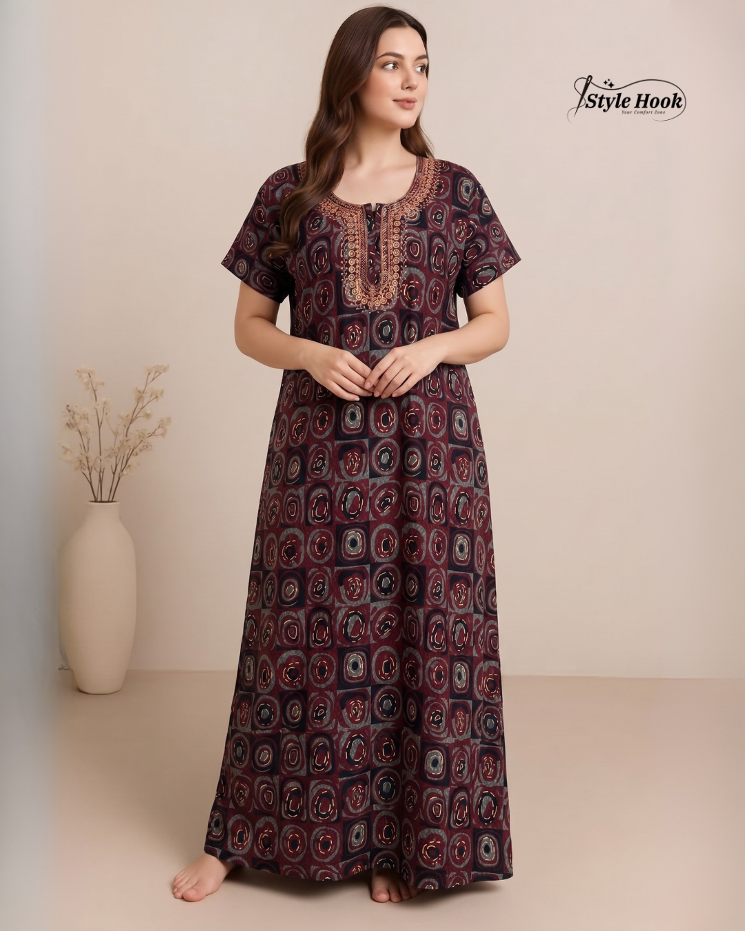 Tribal Circular Print with Embroidery cotton nighty for women in 5 Different Colors