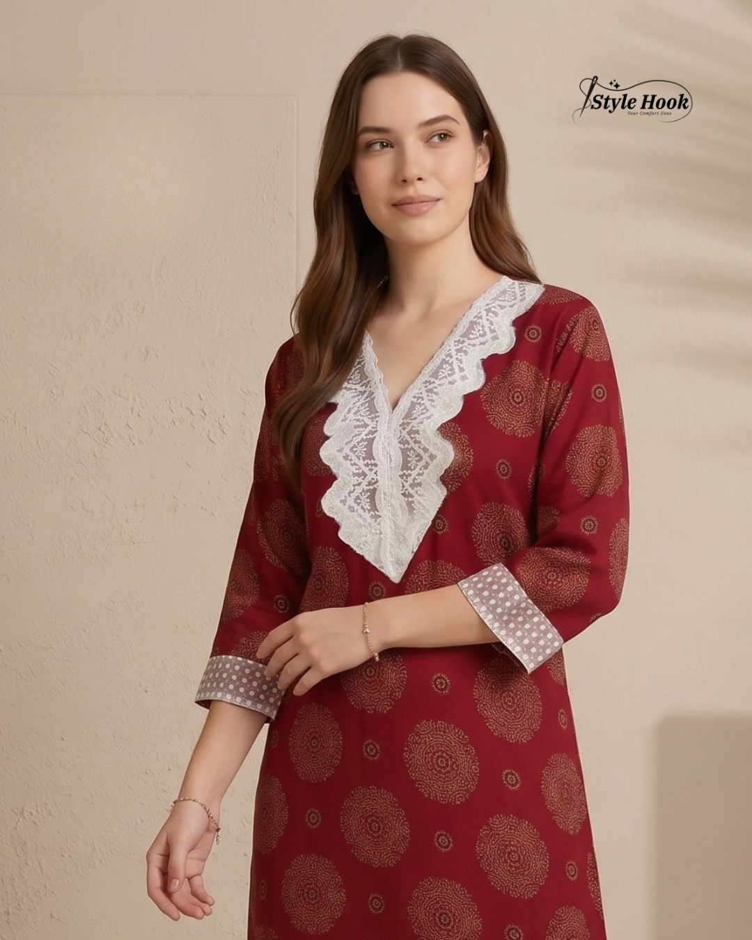 Style Hook Designer Cotton Nighty with Premium Lace Work