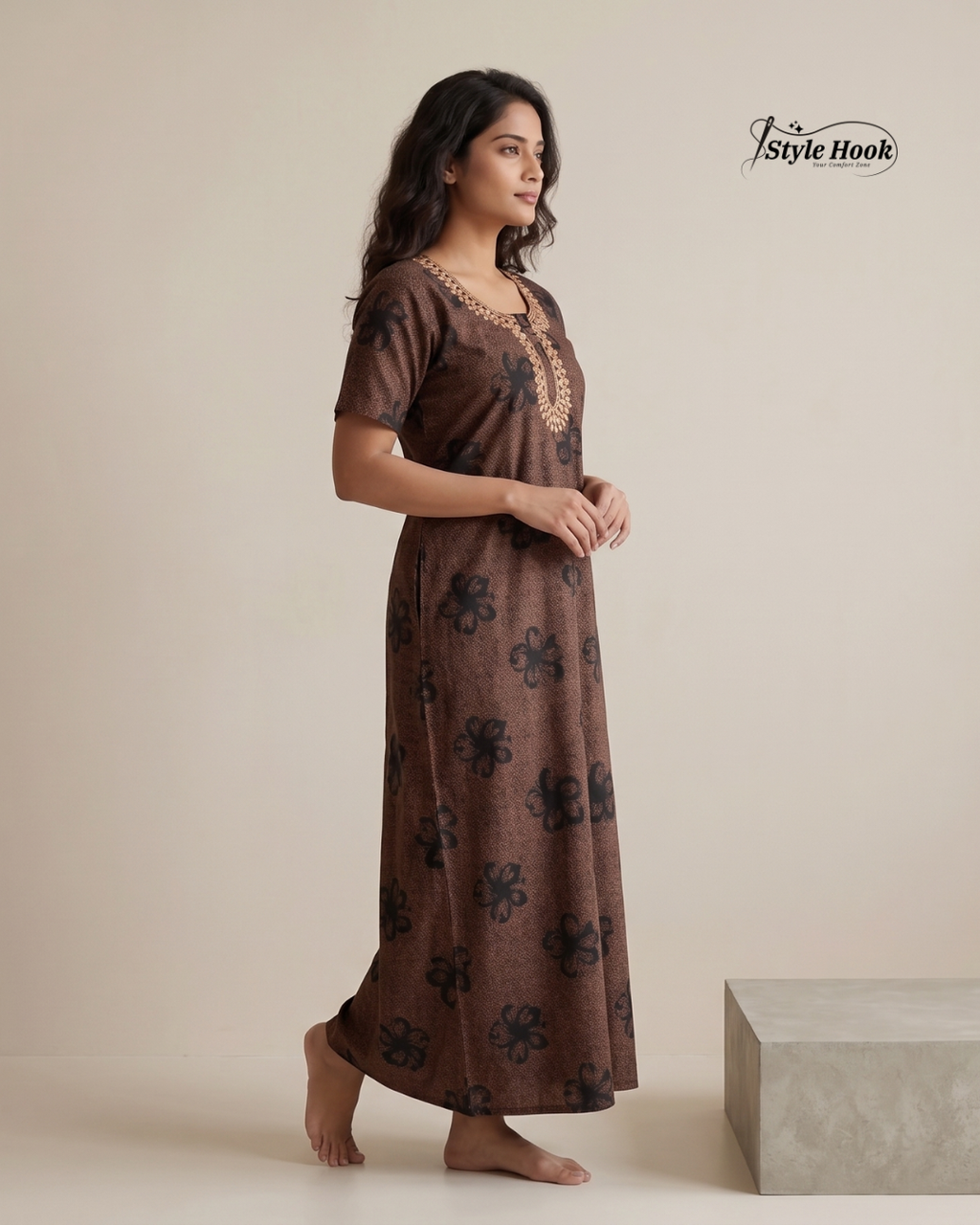 Style Hook Embroidered Neck Cotton Nighty