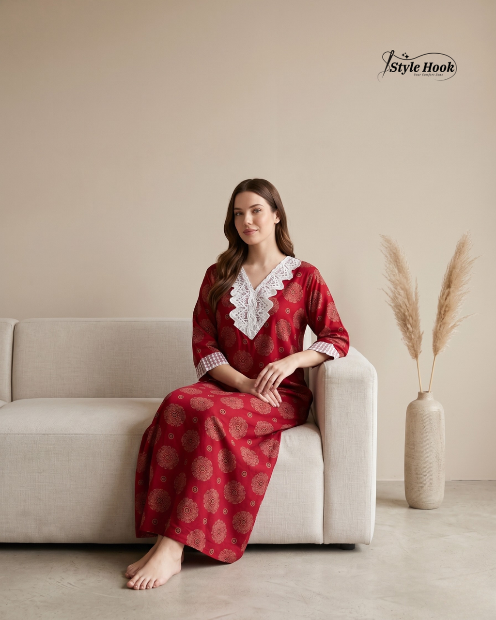 Style Hook Designer Cotton Nighty with Premium Lace Work