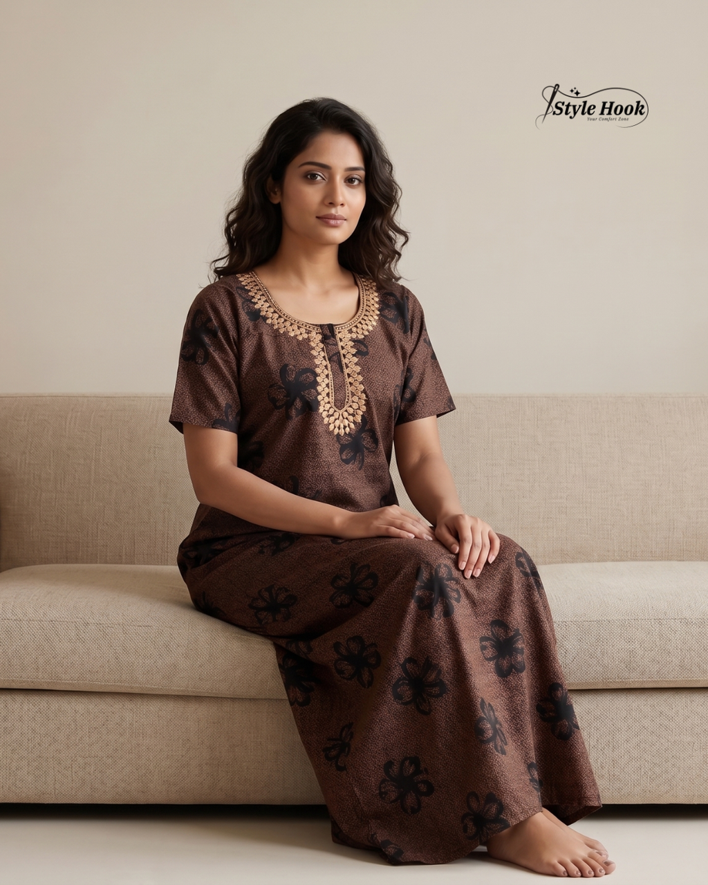 Style Hook Embroidered Neck Cotton Nighty