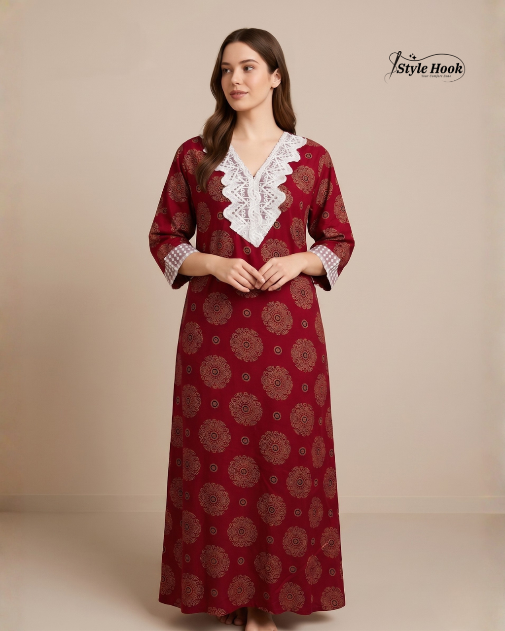 Style Hook Designer Cotton Nighty with Premium Lace Work
