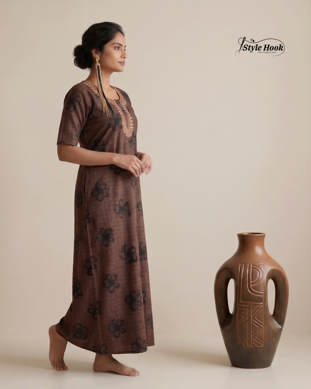 Style Hook Embroidered Neck Cotton Nighty