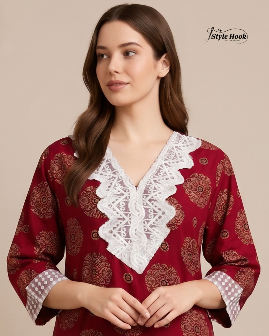 Style Hook Designer Cotton Nighty with Premium Lace Work