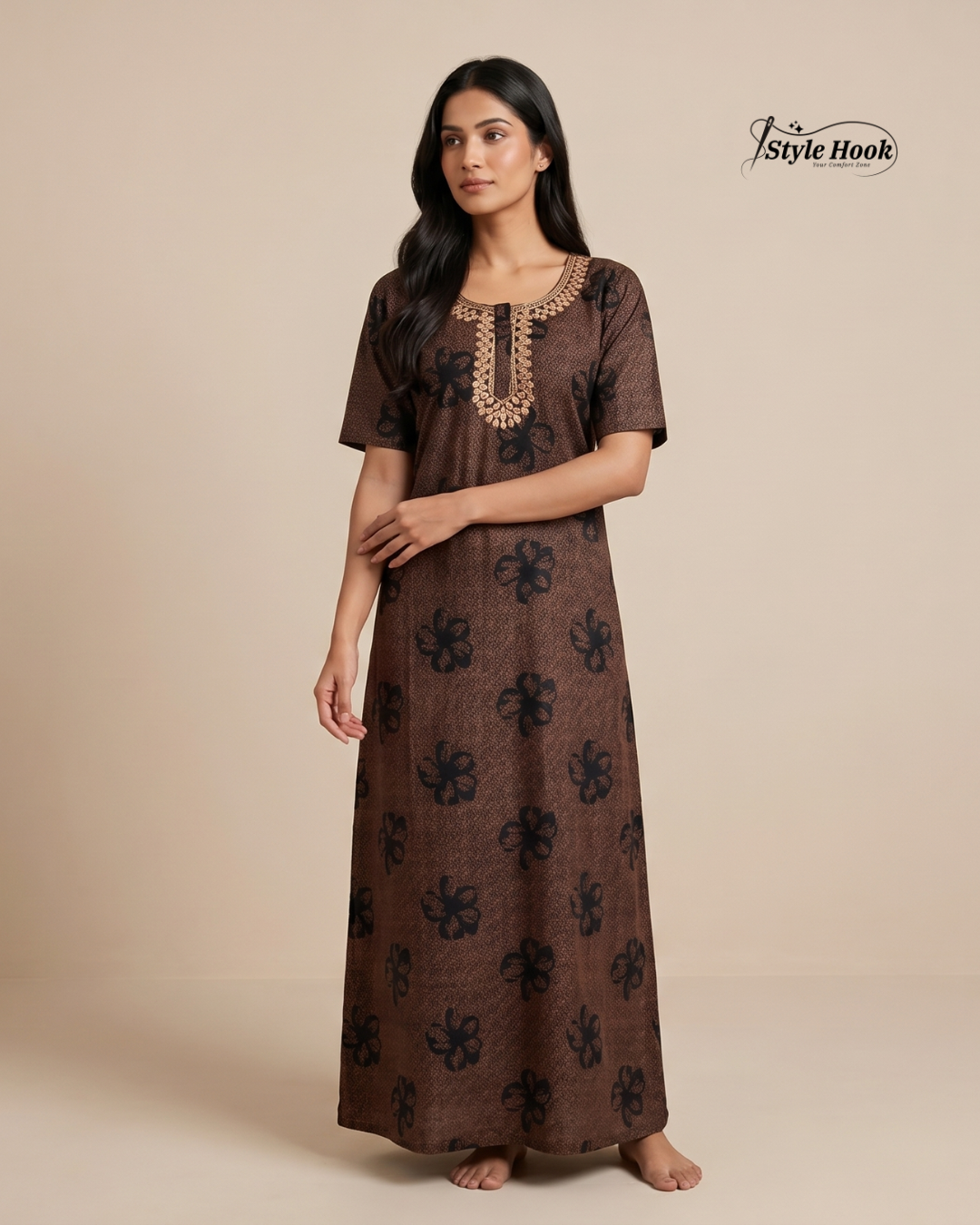 Style Hook Embroidered Neck Cotton Nighty