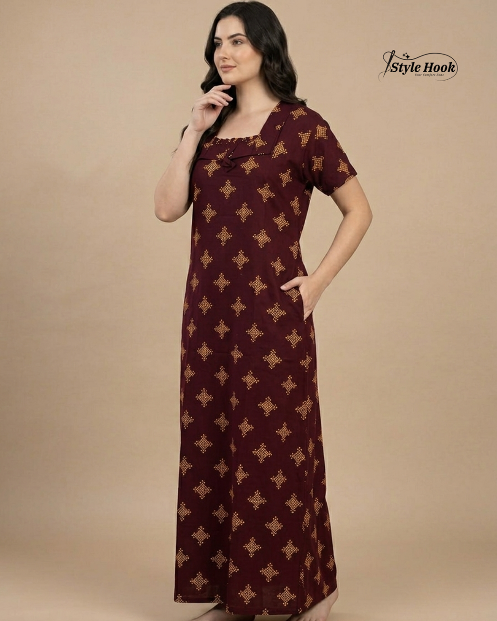 Classic Kerala Cotton Nighty with Contemporary Onam Neck Design in 4 different colors
