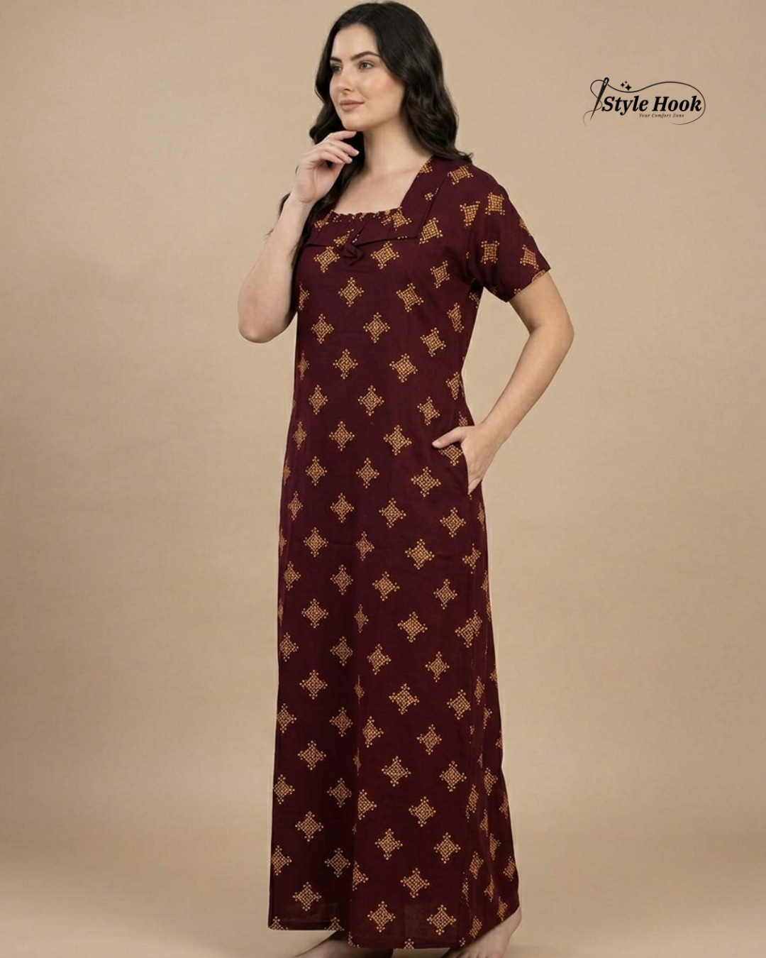 Classic Kerala Cotton Nighty with Contemporary Onam Neck Design in 4 different colors