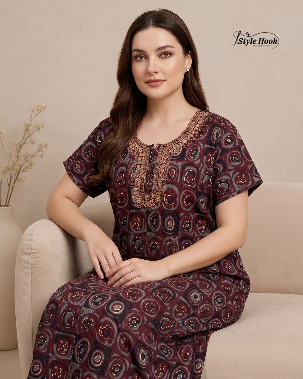 Tribal Circular Print with Embroidery cotton nighty for women in 5 Different Colors