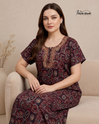 Tribal Circular Print with Embroidery cotton nighty for women in 5 Different Colors