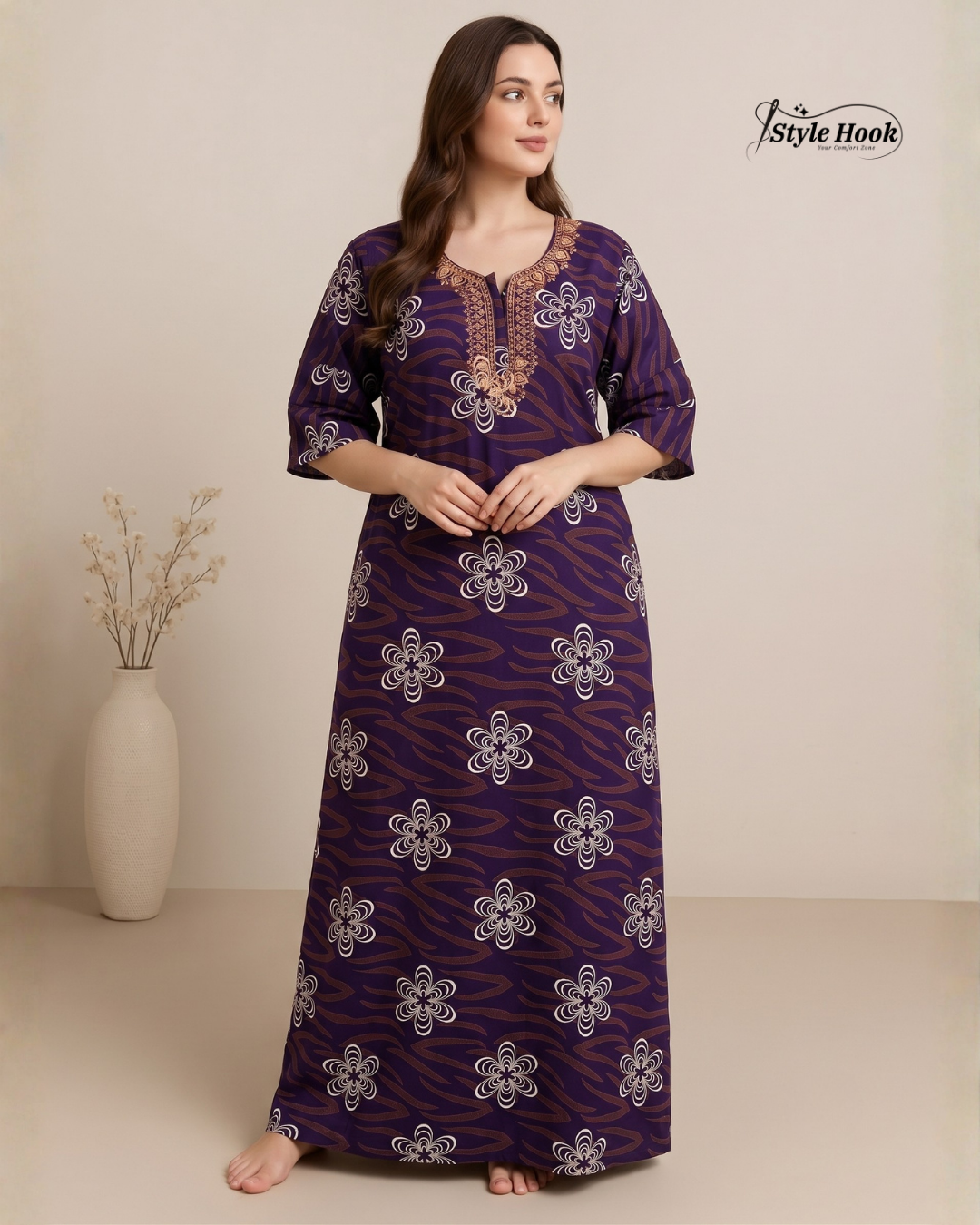 Premium Cotton Embroidered Nighty – Daily Comfort Wear