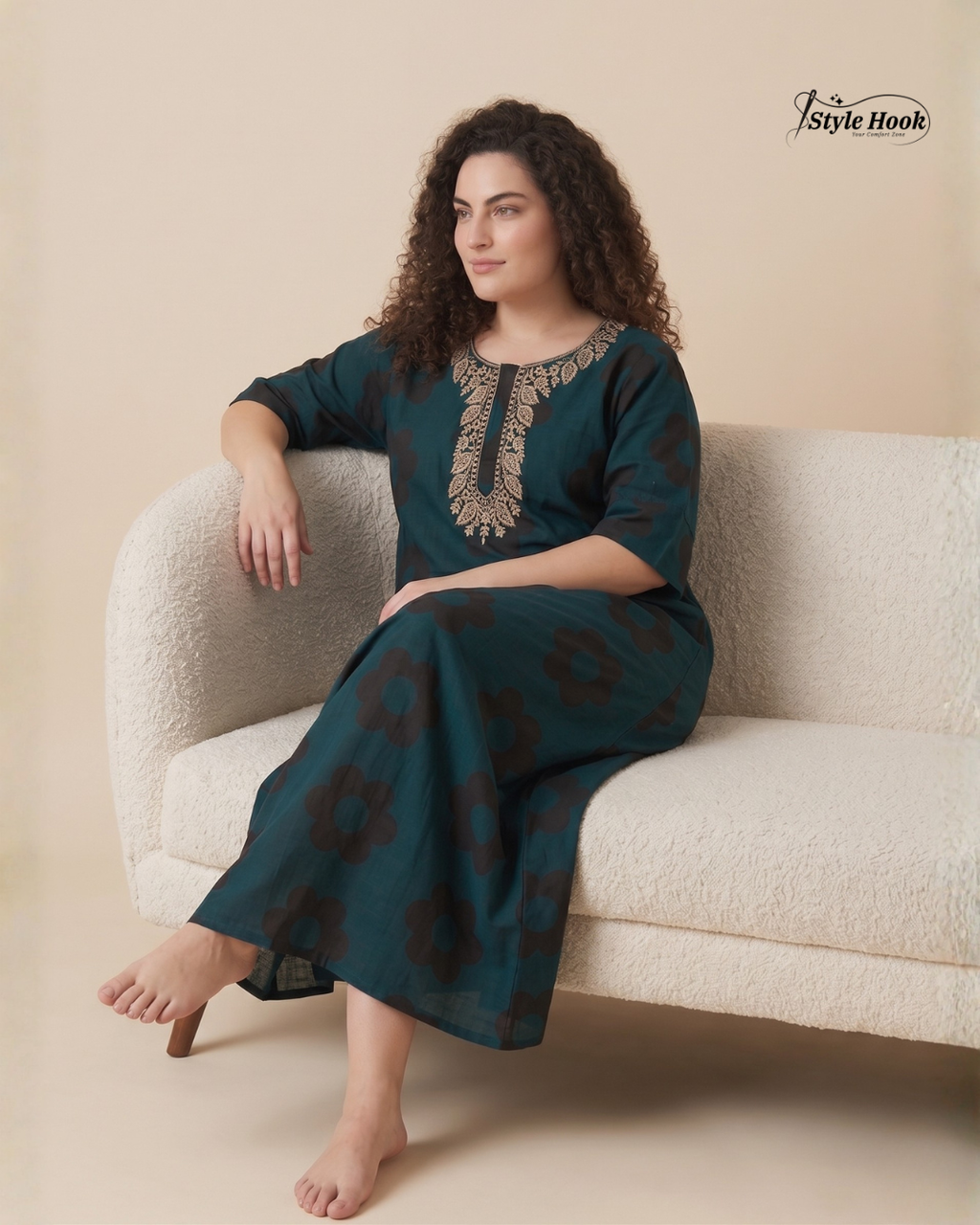 Style Hook Premium Cotton Nighty Maxi – Embroidery design Neck