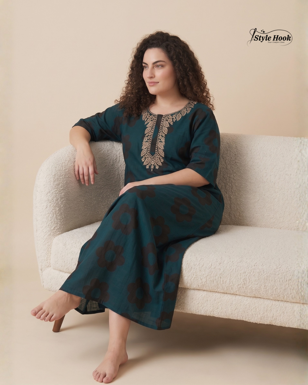 Style Hook Premium Cotton Nighty Maxi – Embroidery design Neck