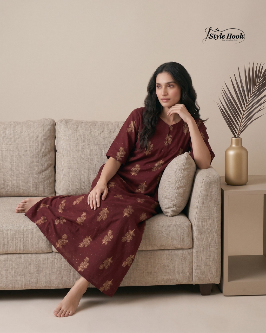 Premium Cotton Nighty with Stylish Canvas Neck Pattern
