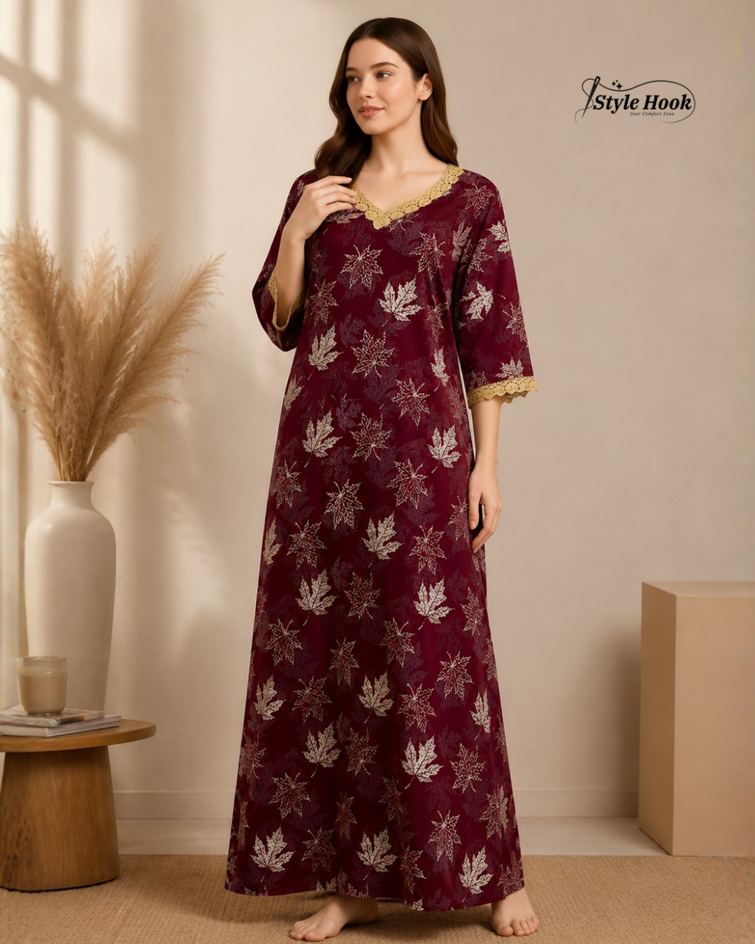 Cotton Lace Maxi with Elegant Sleeve Design