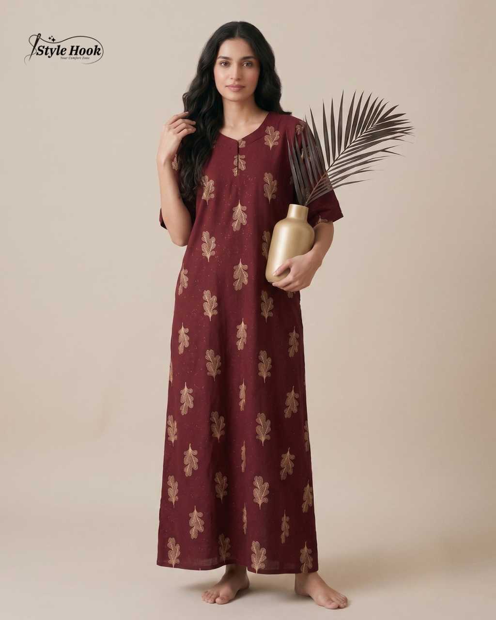 Premium Cotton Nighty with Stylish Canvas Neck Pattern