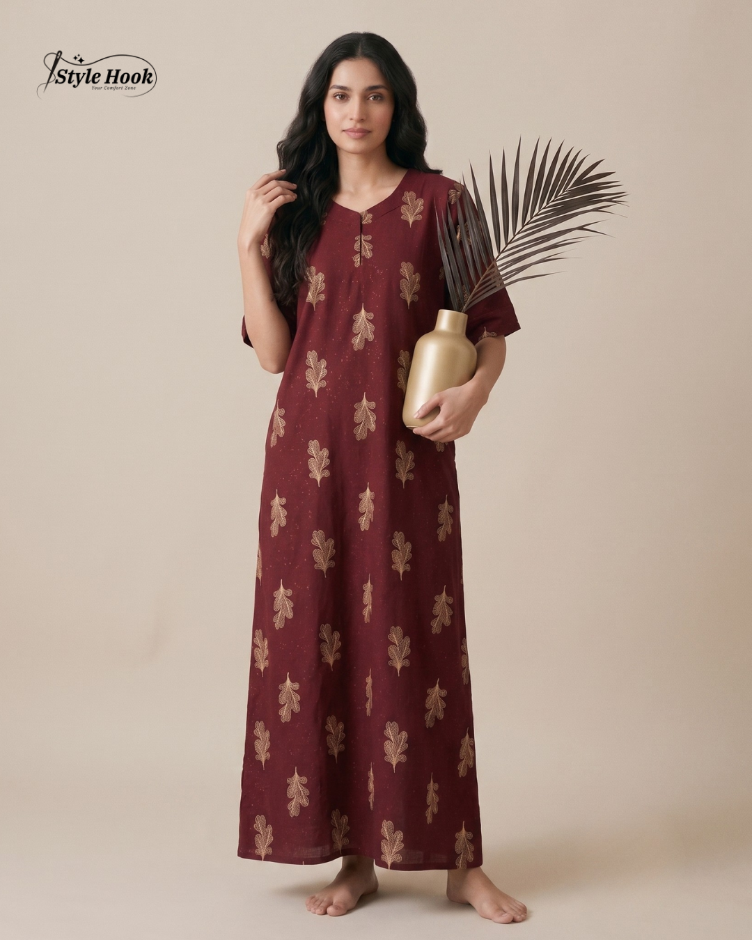Premium Cotton Nighty with Stylish Canvas Neck Pattern