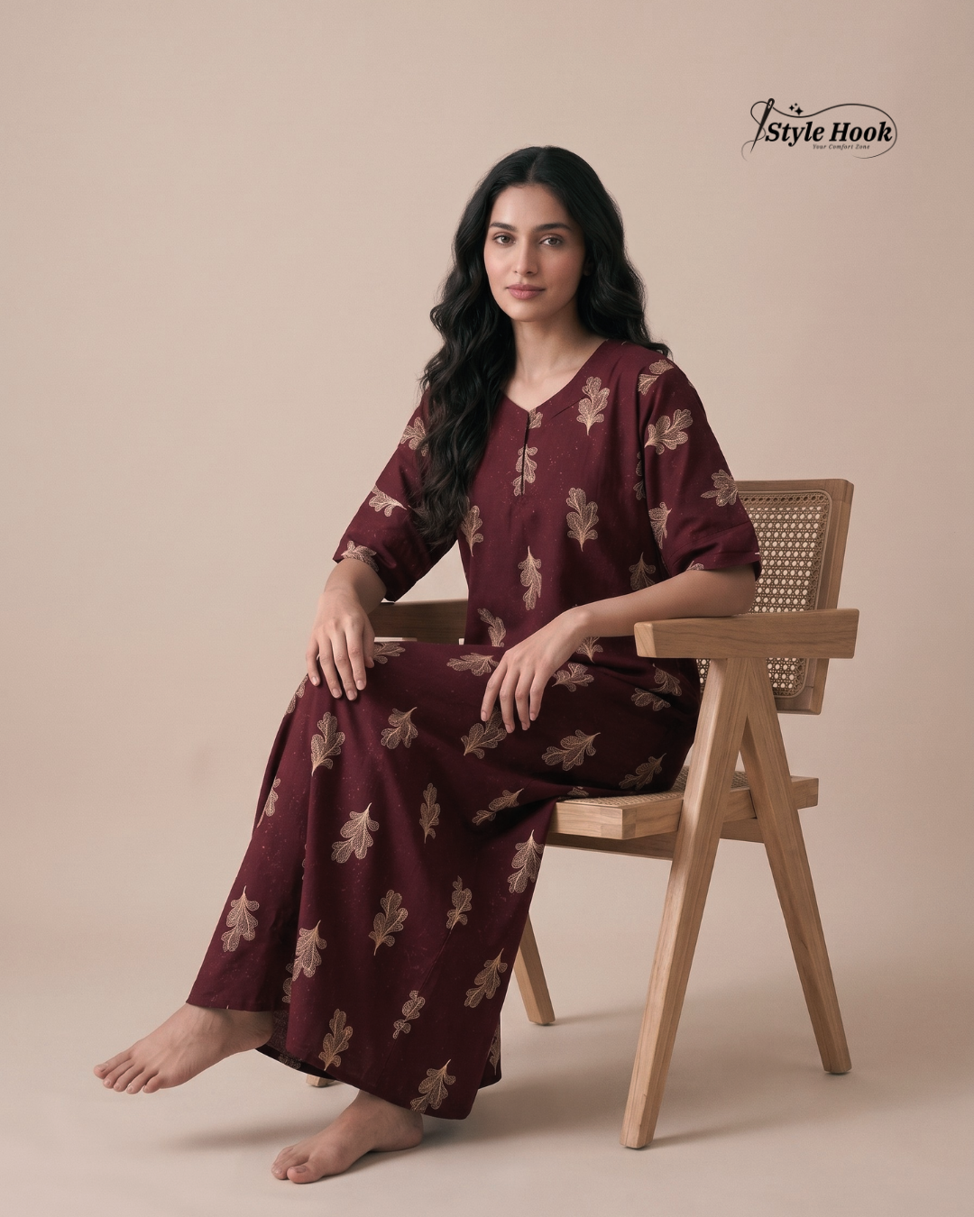 Premium Cotton Nighty with Stylish Canvas Neck Pattern