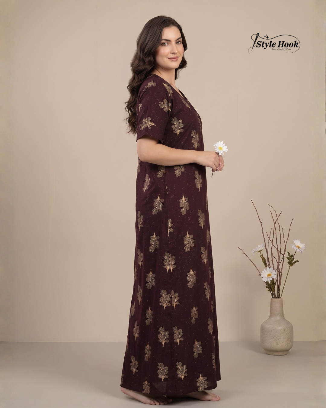 Premium Cotton Nighty with Stylish Canvas Neck Pattern