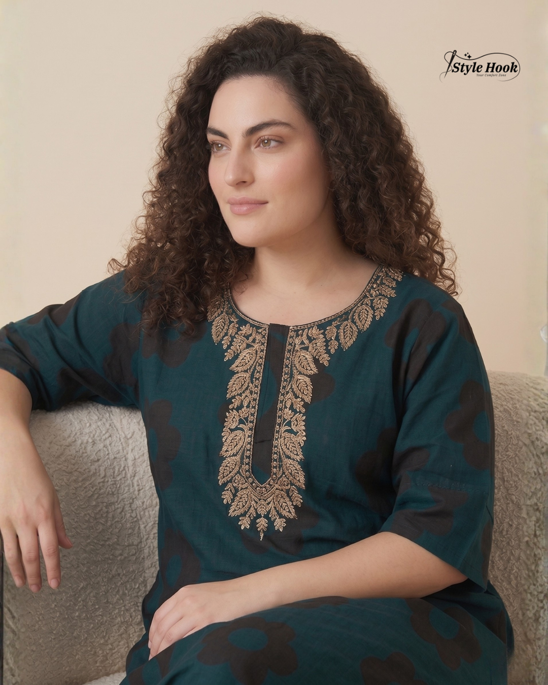 Style Hook Premium Cotton Nighty Maxi – Embroidery design Neck