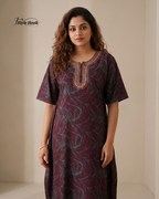 Sea Blue floral design with Embroidery neck style nighty