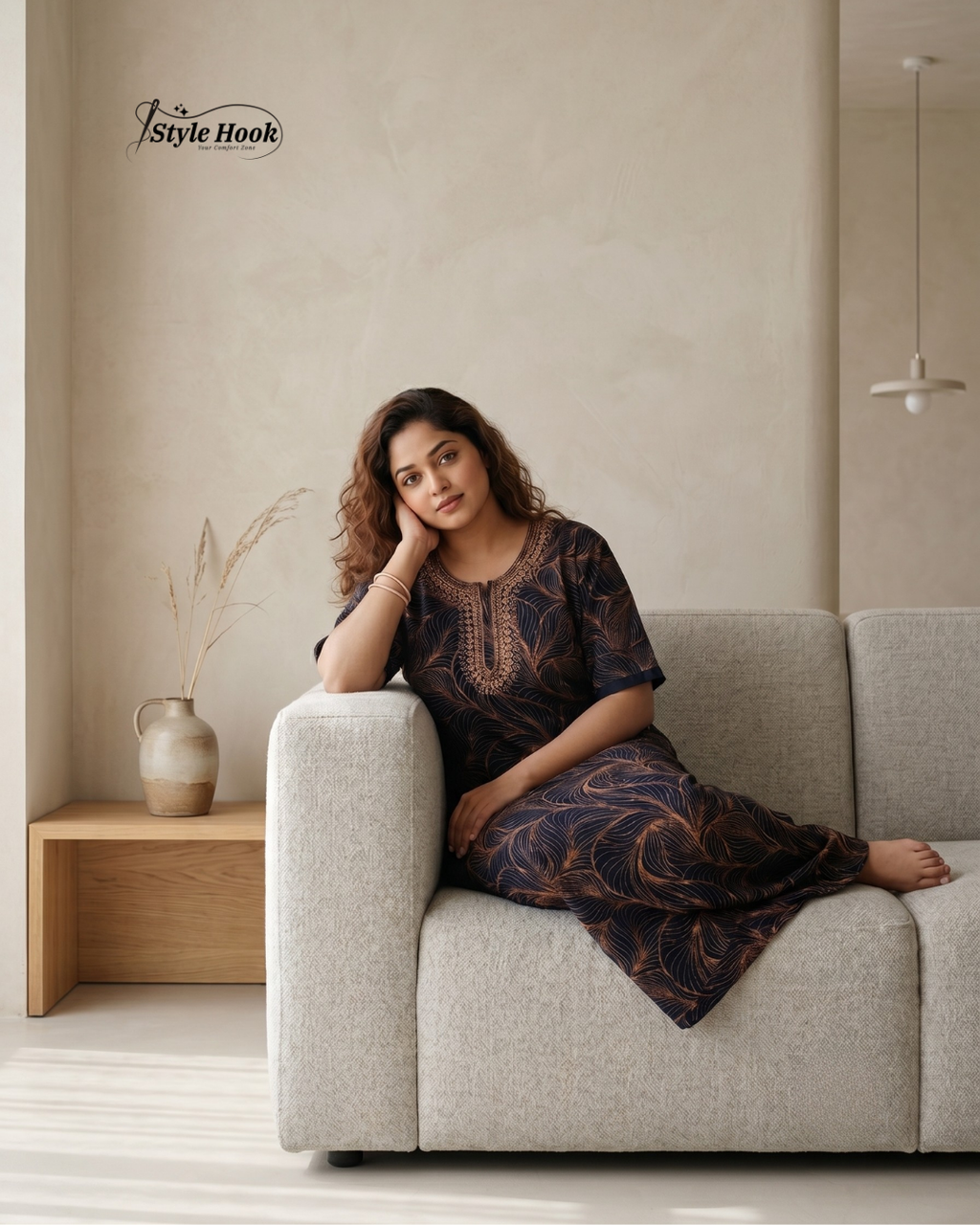 Sea Blue floral design with Embroidery neck style nighty