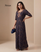 Sea Blue floral design with Embroidery neck style nighty