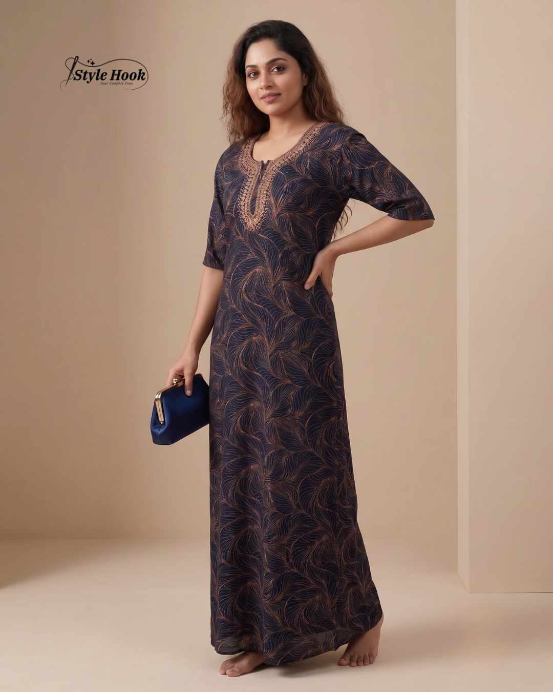 Sea Blue floral design with Embroidery neck style nighty