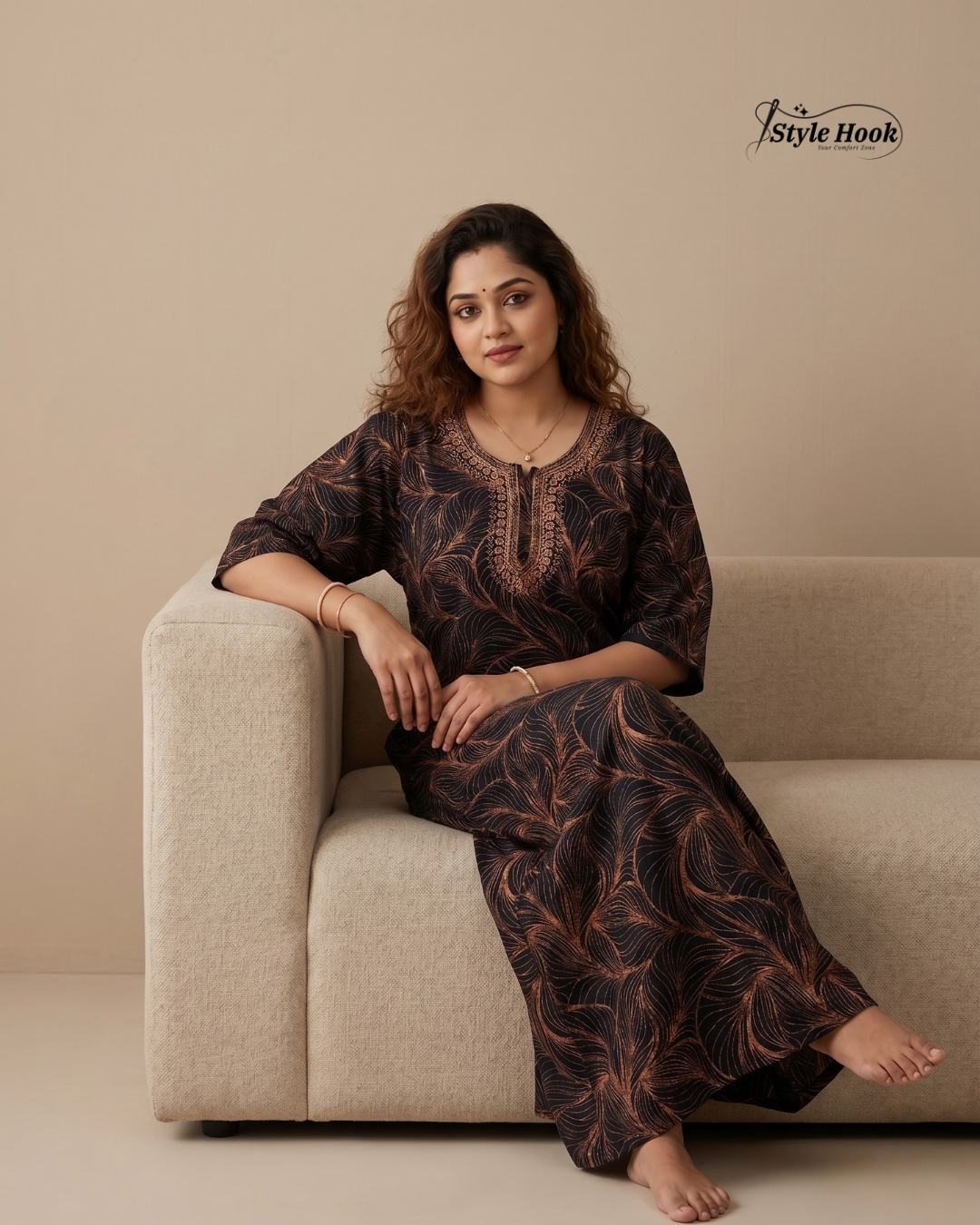 Sea Blue floral design with Embroidery neck style nighty