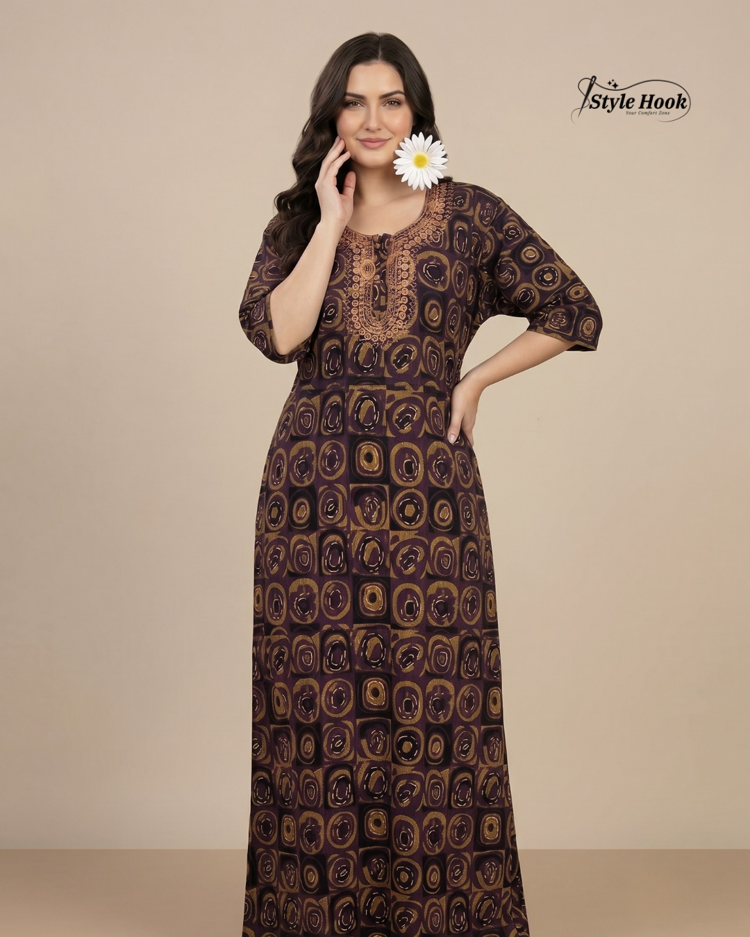 Tribal Circular Print with Embroidery cotton nighty for women in 5 Different Colors