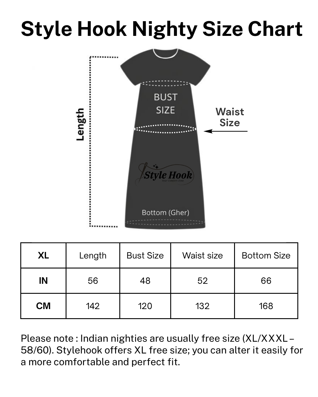 Style Hook Cotton Nighty size chart