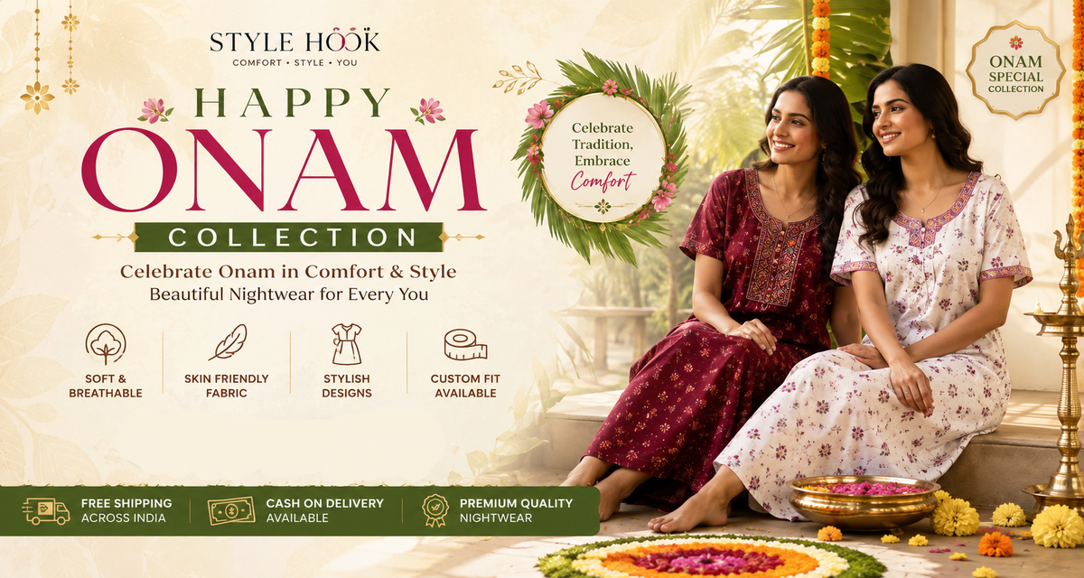 style hook onam collection nighty hero image, style hook introduced trending onam maxi dress for comfort home wear dress collection india