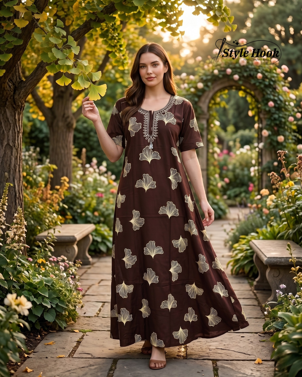 Style Hook Cotton Nighty for Women – Brown Printed Maxi Nightwear & Home Dress