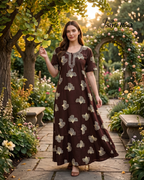 Style Hook Cotton Nighty for Women – Brown Printed Maxi Nightwear & Home Dress
