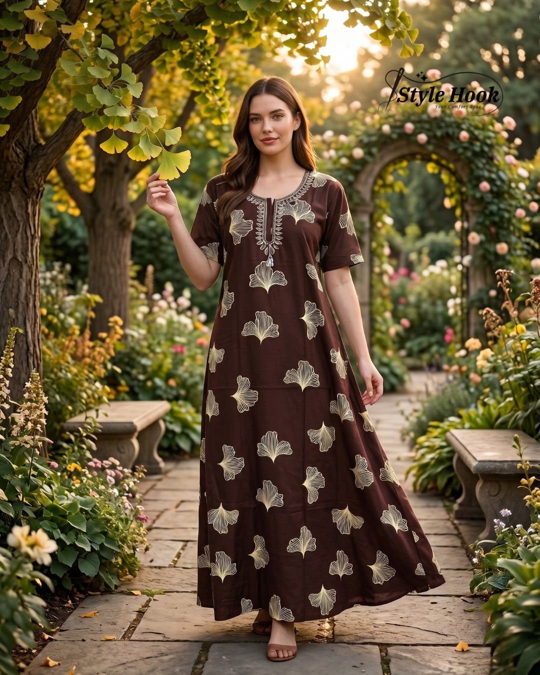 Style Hook Cotton Nighty for Women – Brown Printed Maxi Nightwear & Home Dress