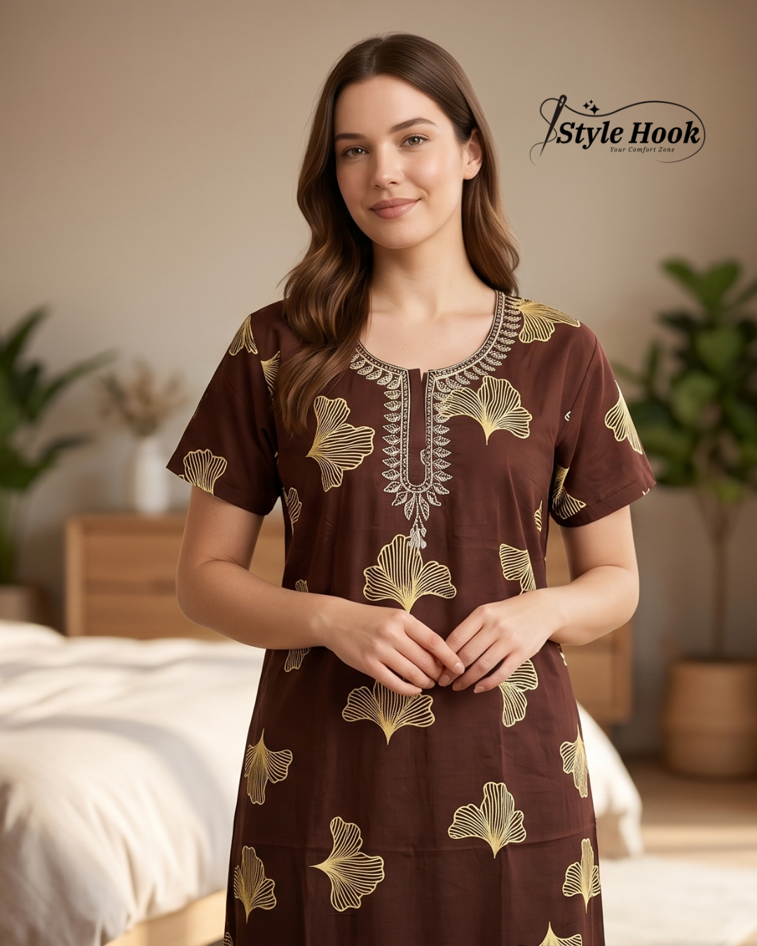 Style Hook Cotton Nighty for Women – Brown Printed Maxi Nightwear & Home Dress