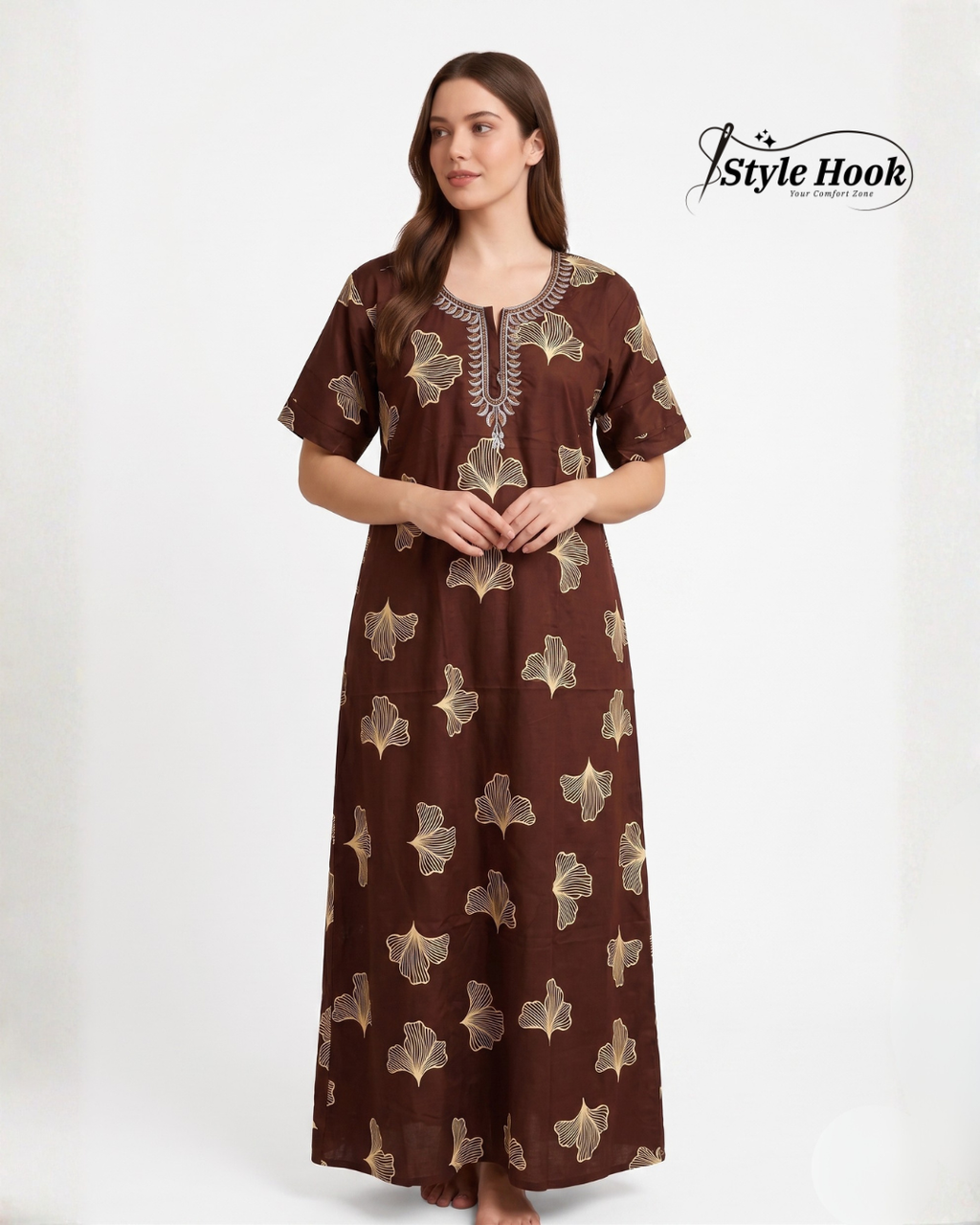 Style Hook Cotton Nighty for Women – Brown Printed Maxi Nightwear & Home Dress
