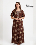 Style Hook Cotton Nighty for Women – Brown Printed Maxi Nightwear & Home Dress