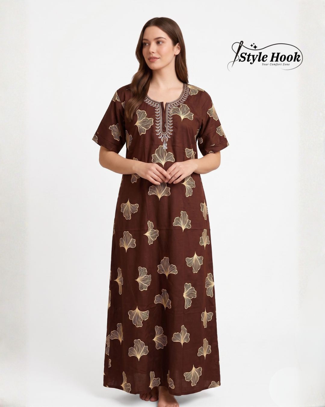 Style Hook Cotton Nighty for Women – Brown Printed Maxi Nightwear & Home Dress