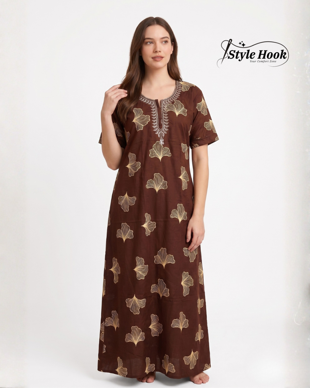 Style Hook Cotton Nighty for Women – Brown Printed Maxi Nightwear & Home Dress