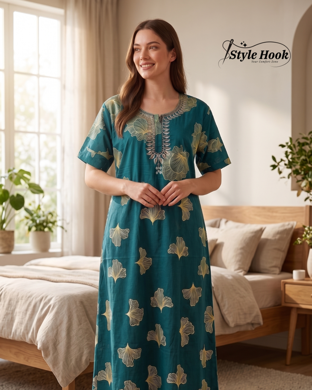 Style hook embroider neck soft cotton nighty for feeding moms