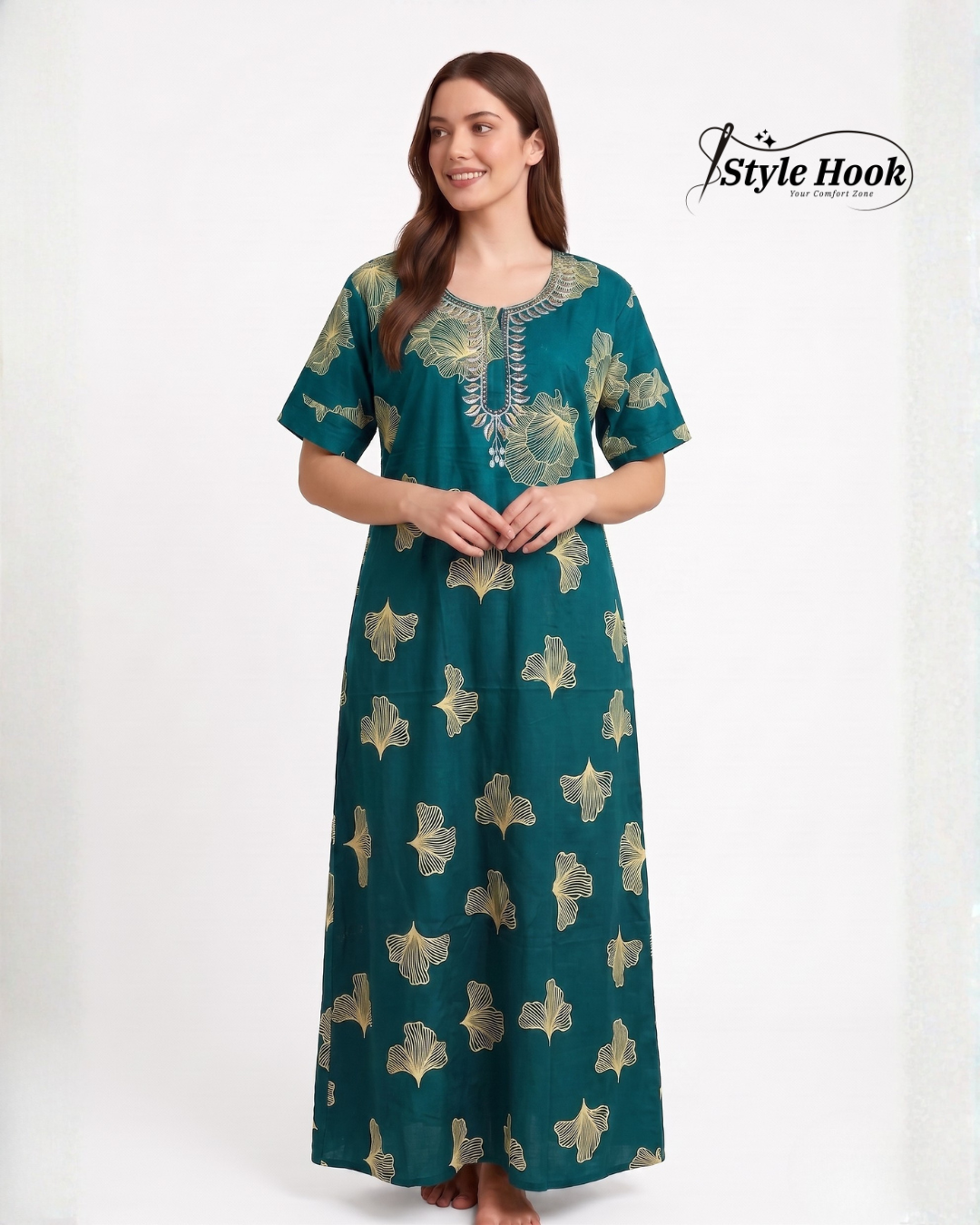 Style hook embroider neck soft cotton nighty for feeding moms