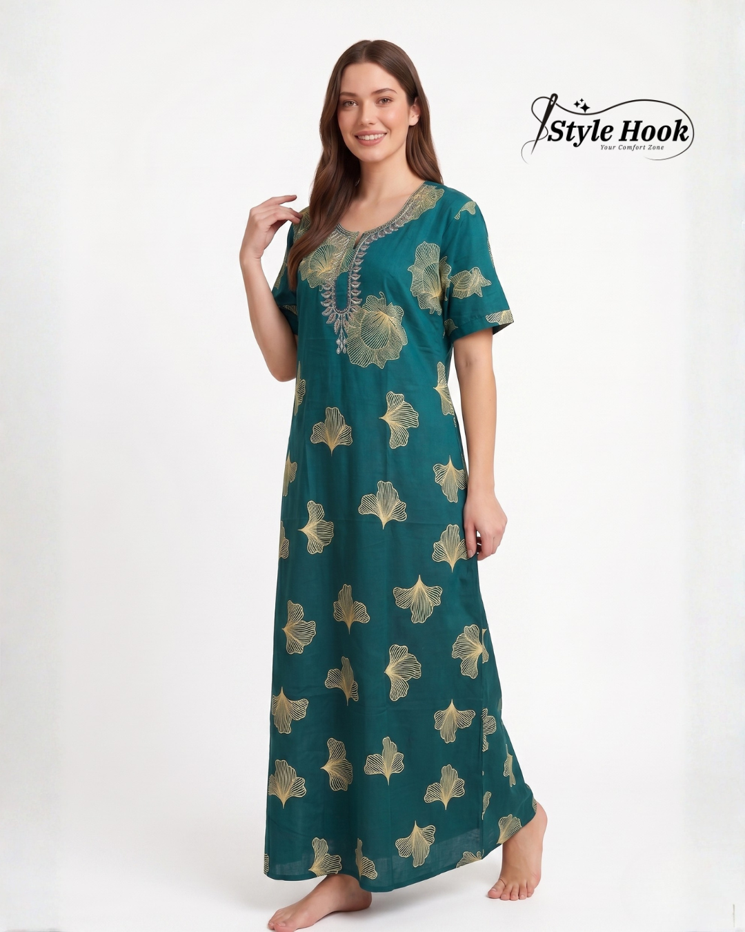 Style hook embroider neck soft cotton nighty for feeding moms