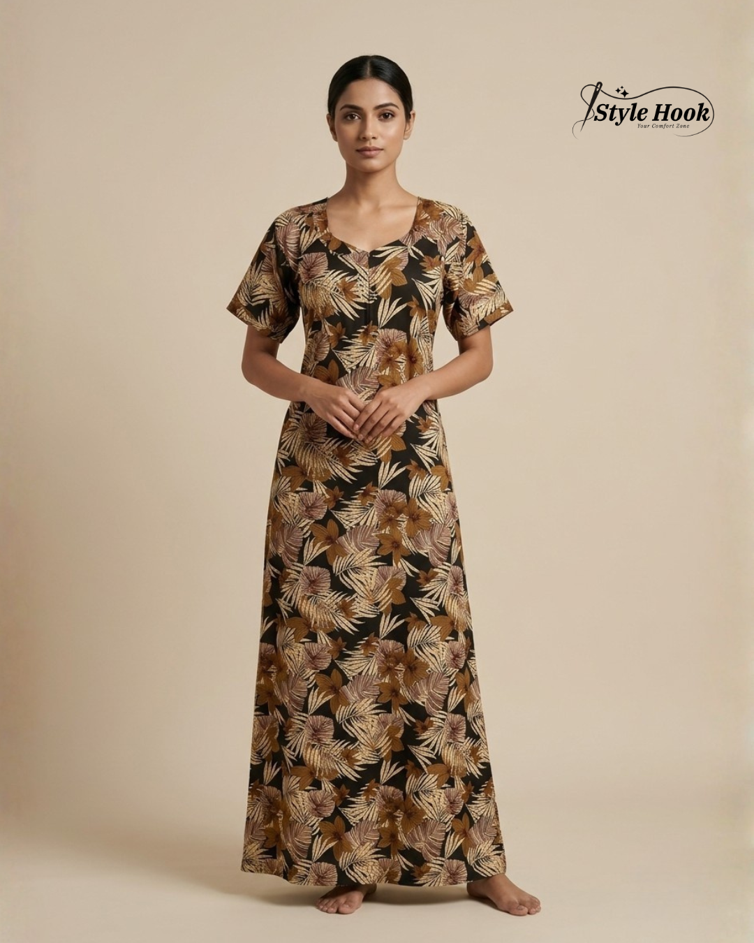 Style Hook Cotton Maxi Nighty – Comfortable Canvas Neck Home Wear