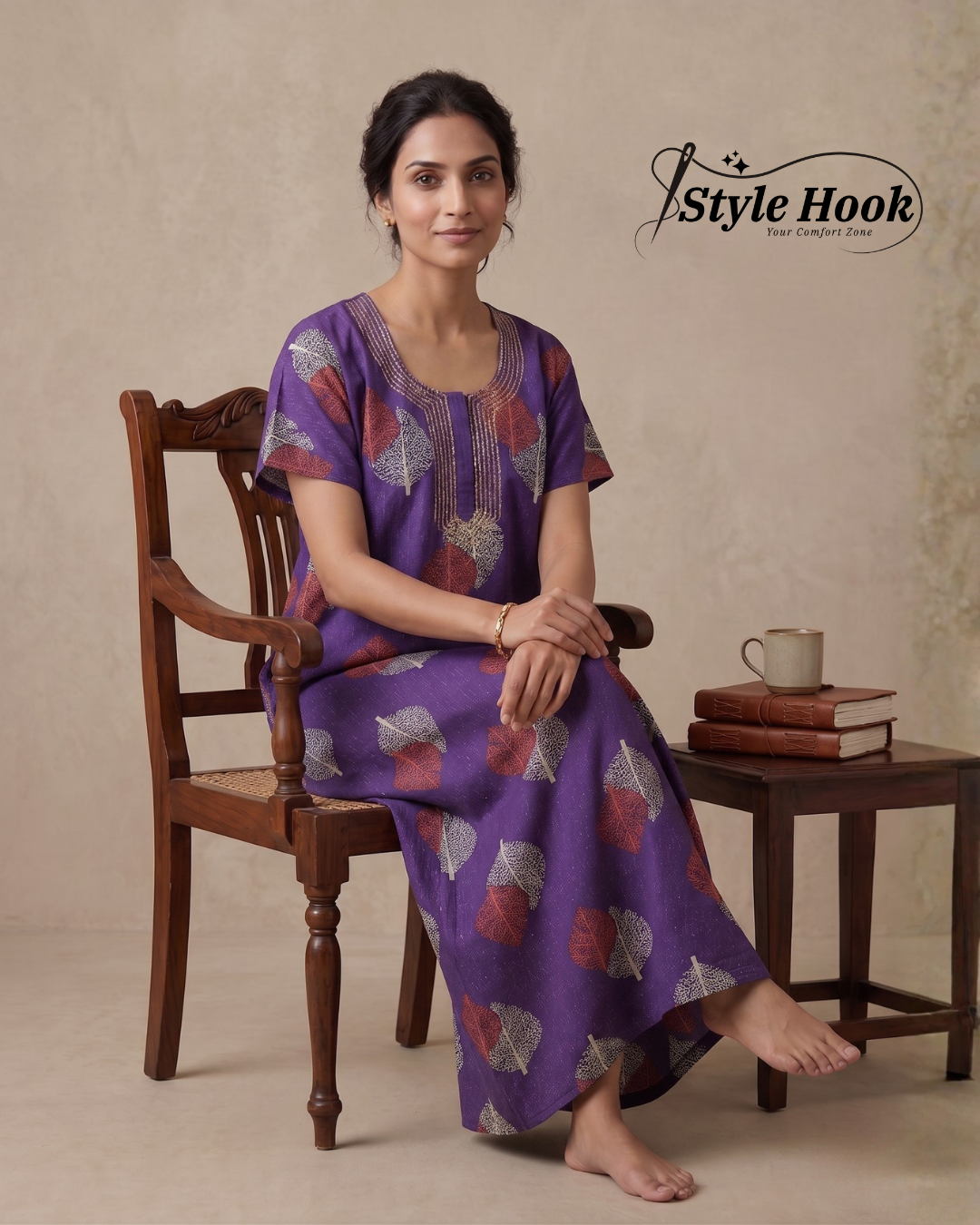 Style Hook Purple Embroidered Maxi Nighty for Women – Soft Cotton Daily Wear Home Dress